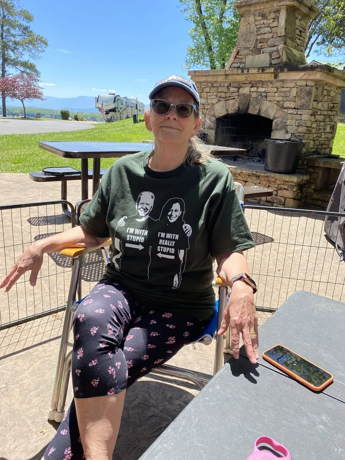 David’s wife on the patio — known around the shop as the boss